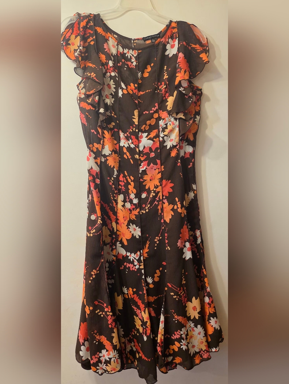 Sandra Darren Brown Dress with Orange & Pink Floral Accents